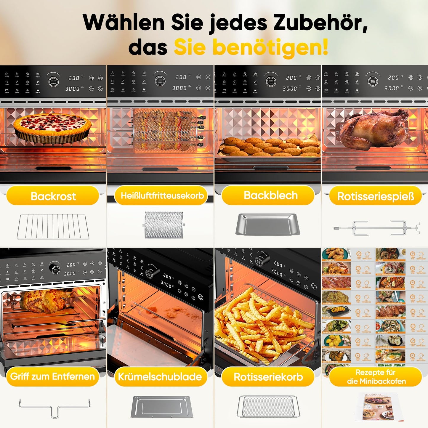 30L Heißluftfritteuse XXL Minibackofen mit LED-Touchscreen, Minibackofen mit Umluft mit 20 Programmen und Zwei Kochmodi, 1800W Heissluftfritteuse Air Fryer Oven ohne Öl, 8h Timer, Rezeptbuch,7 Anhänge