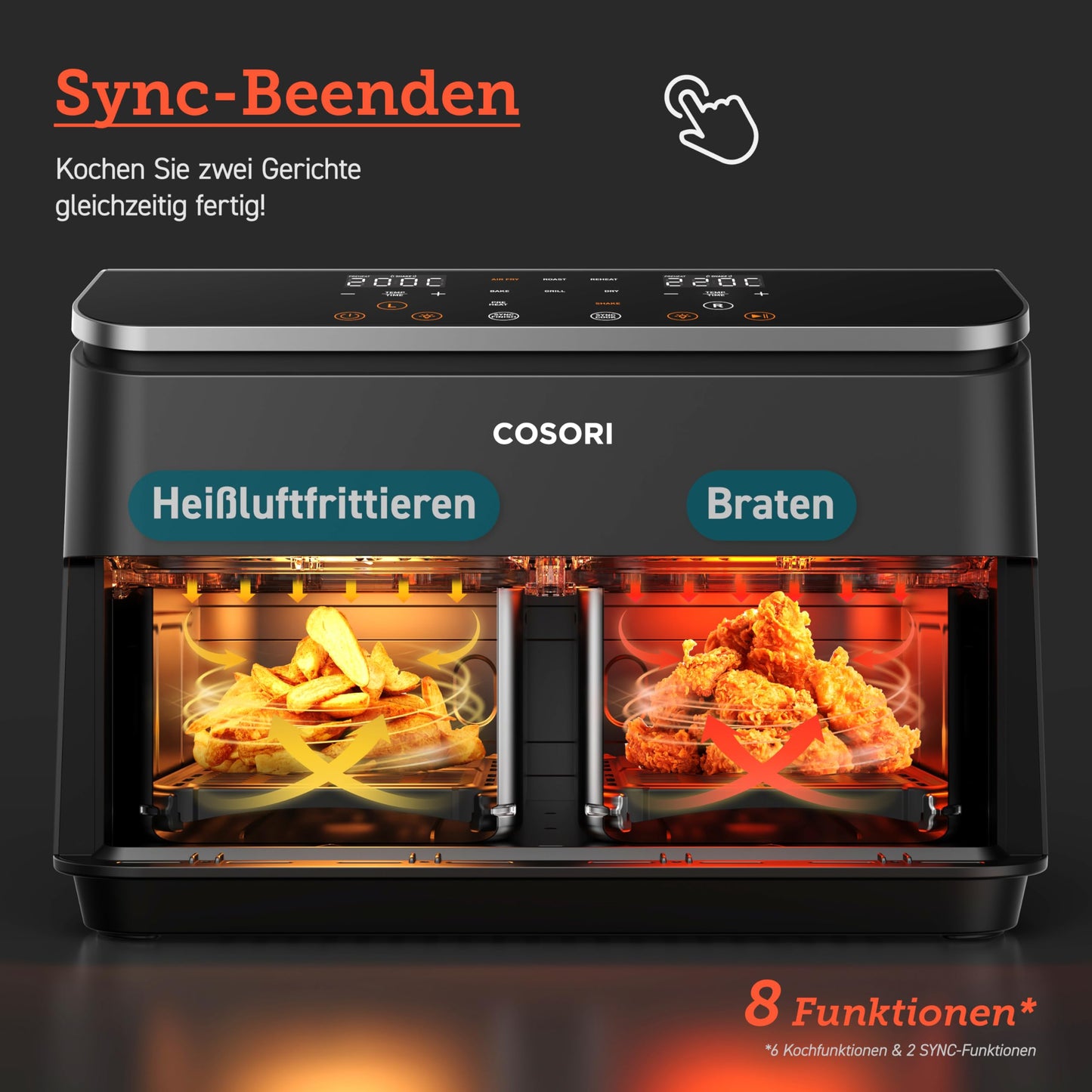 COSORI Airfryer, Testsieger der Stiftung Warentest, Heißluftfritteuse 2 Kammern, 8,5L Heissluftfritteuse mit Sichtfenster, Metall-Innenraum reduziert Kunststoffkontakt