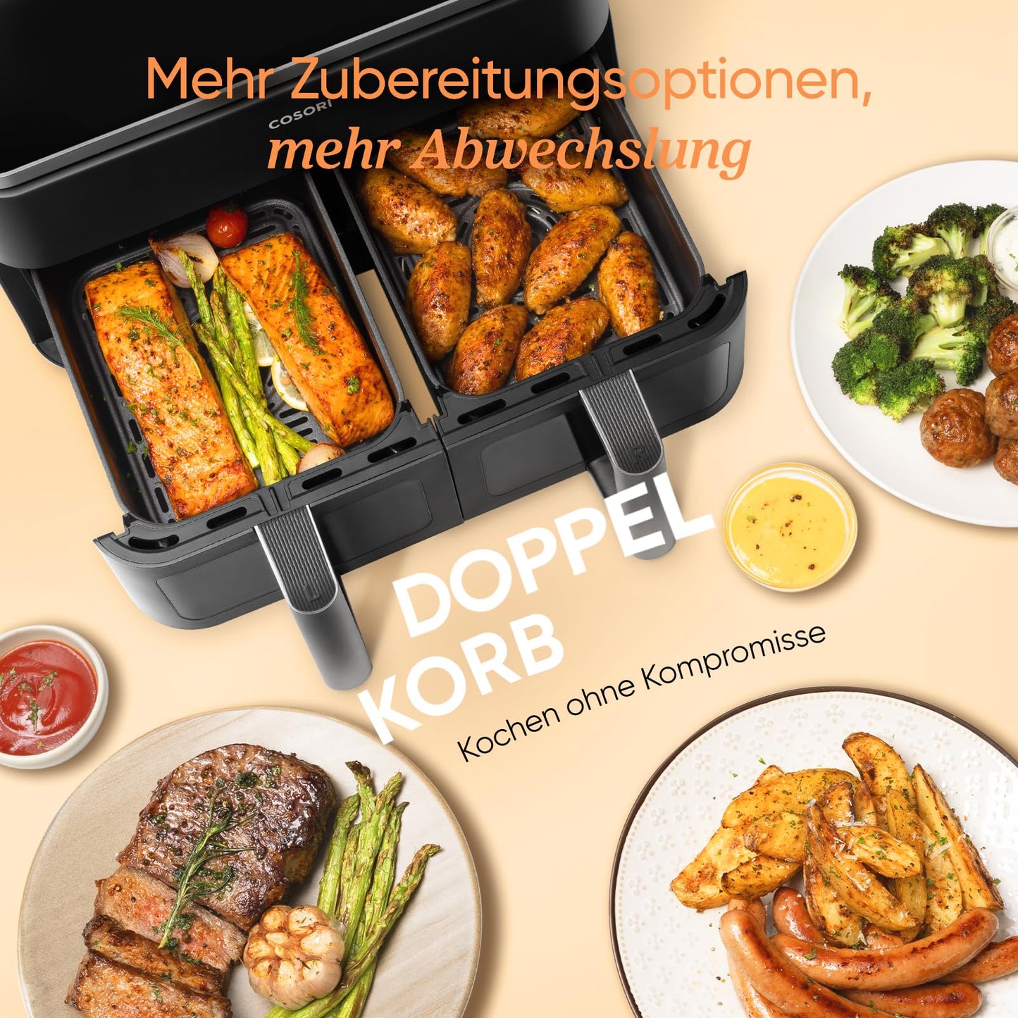 COSORI Airfryer, Testsieger der Stiftung Warentest, Heißluftfritteuse 2 Kammern, 8,5L Heissluftfritteuse mit Sichtfenster, Metall-Innenraum reduziert Kunststoffkontakt