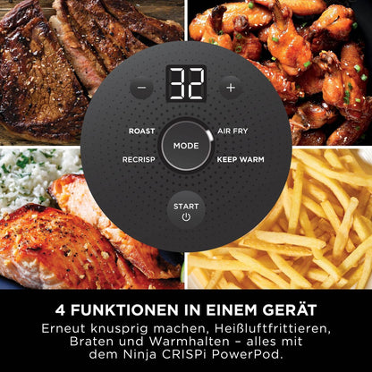 Ninja CRISPi tragbare Airfryer Heißluftfritteuse, 3,8 l, 4-in-1: Heißluftfrittieren, Braten, Warmhalten, Recrisp, kompakt, 6 Portionen, 2x herausnehmbare Glasbehälter & Deckel, 1700 W, Sage FN101EUSG