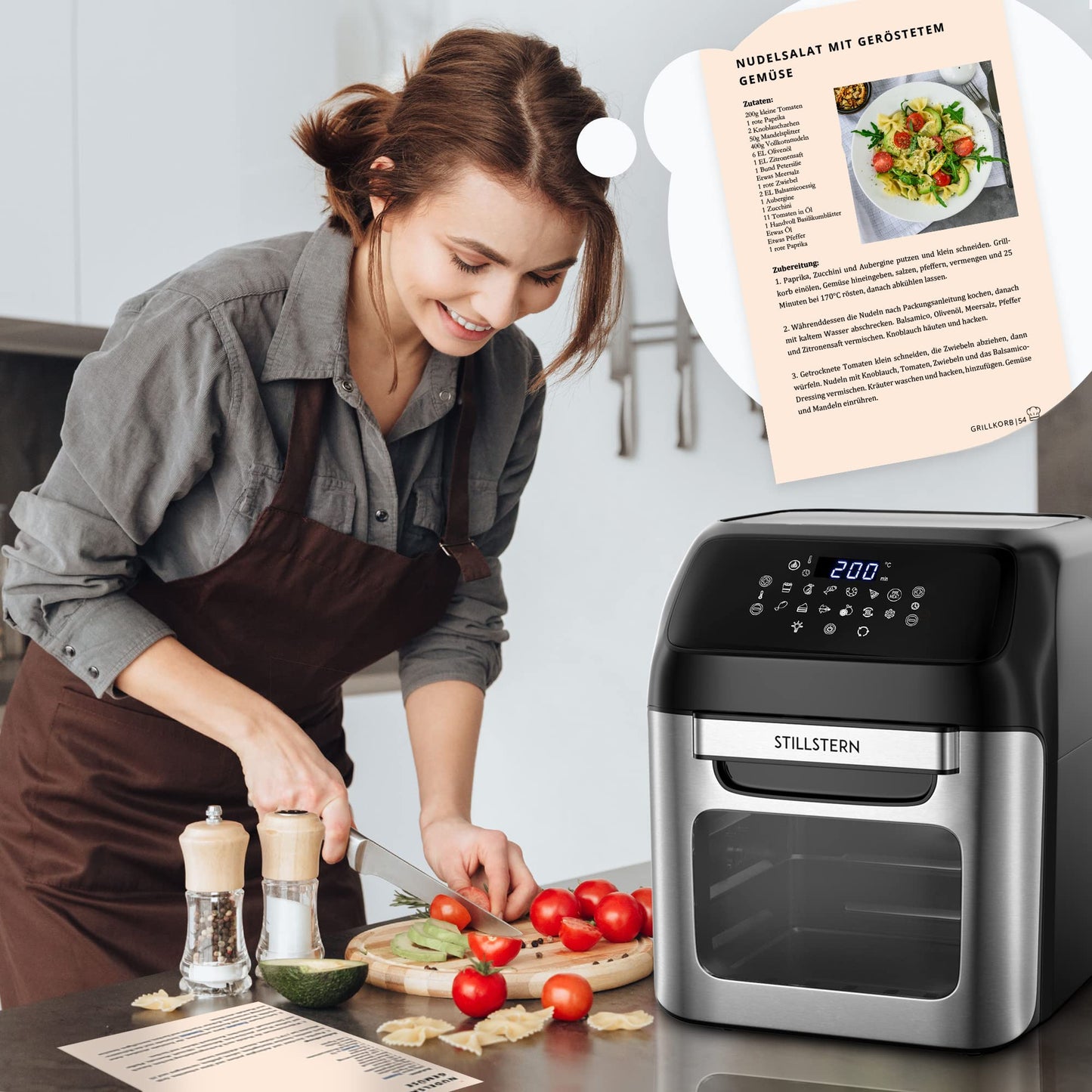 Stillstern Heißluftfritteuse 12L mit LED-Touchscreen, XXL Rezeptbuch auf Deutsch, 12 Programme, Vorheizen&Warmhalten, 1800W Heissluftfritteuse Air Fryer XXL ohne Öl Dörren Minibackofen Camping Grill