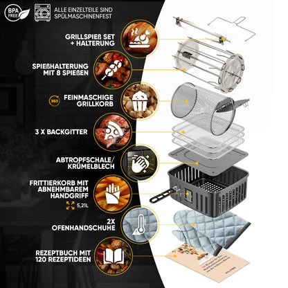 Stillstern Heißluftfritteuse 12L mit LED-Touchscreen, XXL Rezeptbuch auf Deutsch, 12 Programme, Vorheizen&Warmhalten, 1800W Heissluftfritteuse Air Fryer XXL ohne Öl Dörren Minibackofen Camping Grill