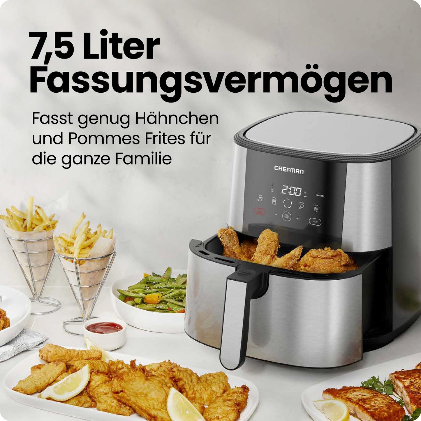 Chefman TurboFry Touch Heißluftfritteuse, XL 7.6-L Familiengröße, One-Touch Digitale Voreinstellungen, Pommes Frites, Hähnchen, Fleisch, Fisch, Spülmaschinenfest, Automatische Abschaltung, Edelstahl