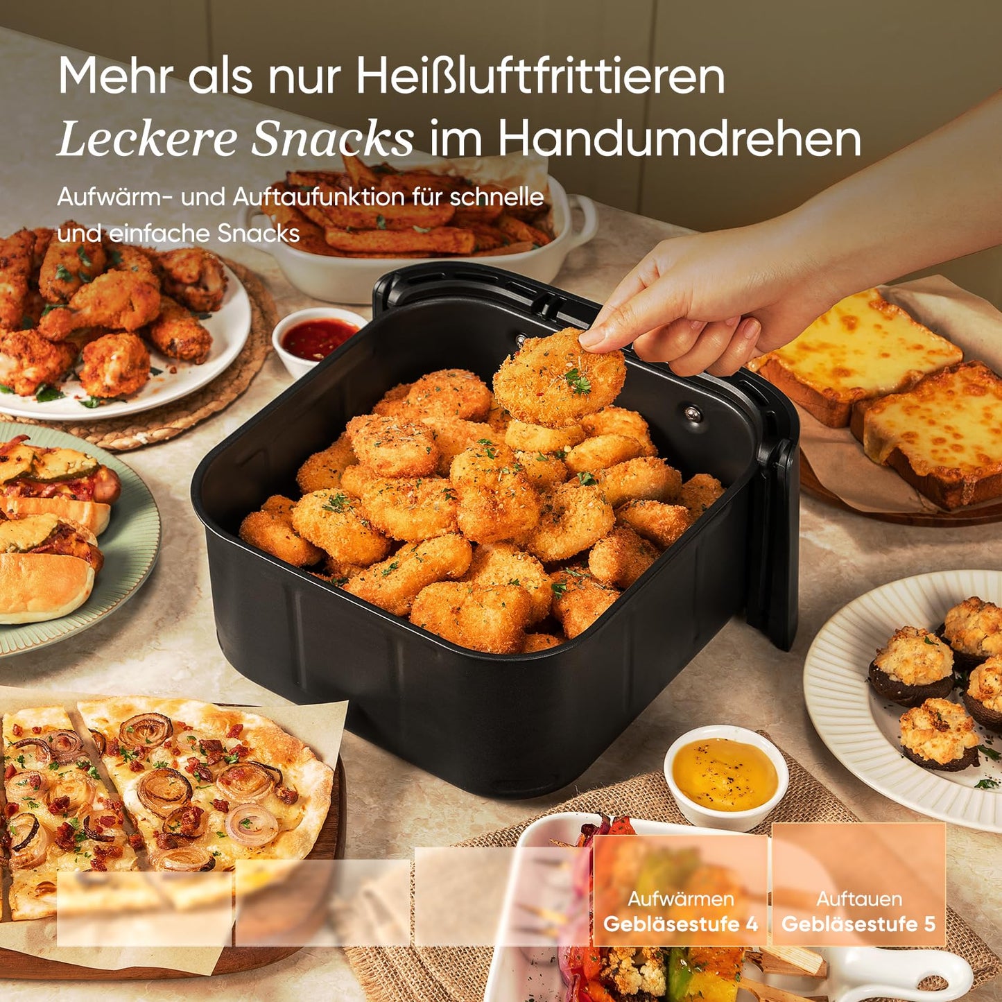 Cosori Turboblaze Airfryer Heißluftfritteuse, 9-in-1 Air Fryer XXL 6L, leiser DC Motor mit 5 Geschwindigkeitsstufen, Grillen, Backen, Gären, Dehydrieren, Tiefkühlen, 87 Rezepte, 64% energiesparend