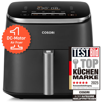 Cosori Turboblaze Airfryer Heißluftfritteuse, 9-in-1 Air Fryer XXL 6L, leiser DC Motor mit 5 Geschwindigkeitsstufen, Grillen, Backen, Gären, Dehydrieren, Tiefkühlen, 87 Rezepte, 64% energiesparend