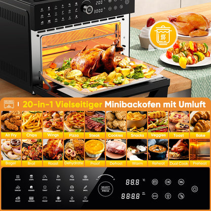 30L Heißluftfritteuse XXL Minibackofen mit LED-Touchscreen, Minibackofen mit Umluft mit 20 Programmen und Zwei Kochmodi, 1800W Heissluftfritteuse Air Fryer Oven ohne Öl, 8h Timer, Rezeptbuch,7 Anhänge