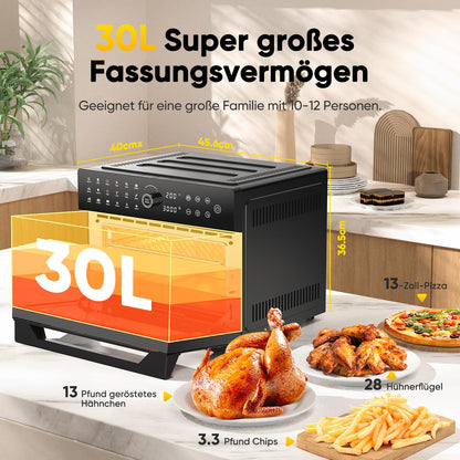 30L Heißluftfritteuse XXL Minibackofen mit LED-Touchscreen, Minibackofen mit Umluft mit 20 Programmen und Zwei Kochmodi, 1800W Heissluftfritteuse Air Fryer Oven ohne Öl, 8h Timer, Rezeptbuch,7 Anhänge
