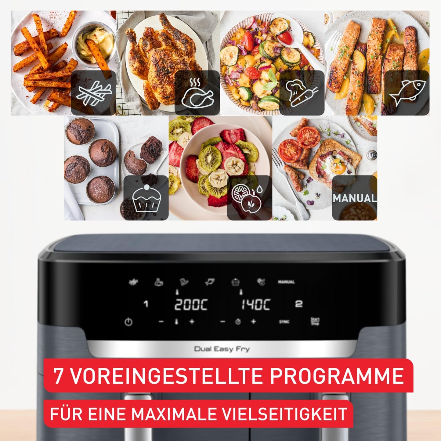 Tefal Dual Easy Fry XXL Doppelkammer-Heißluftfritteuse, 11 Liter Fassungsvermögen, 6,5 L Schublade und 4,5 L Schublade, ohne zusätzliches Fett, 7 Programme, spülmaschinengeeignet, grau, EY942BE0