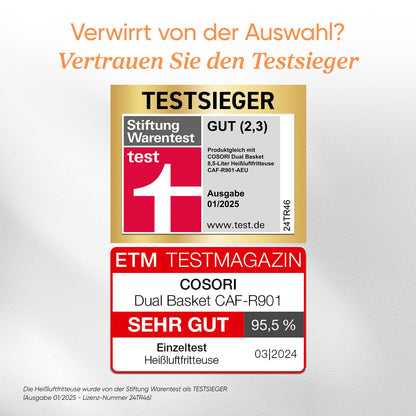 COSORI Airfryer, Testsieger der Stiftung Warentest, Heißluftfritteuse 2 Kammern, 8,5L Heißluftfritteuse mit Sichtfenster, Innenraum aus Metall reduziert Kunststoffkontakt, Gold