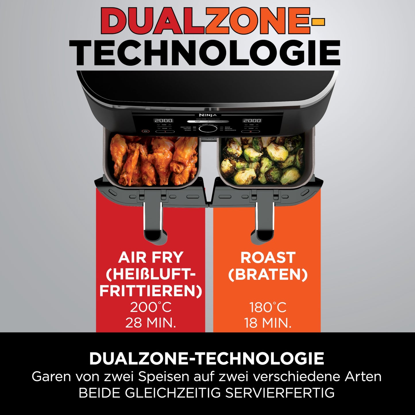 Ninja Foodi Dual Zone Digitale Heißluftfritteuse, 7,6L Airfryer, 2 Fächer, Antihaftbeschichtung, spülmaschinenfeste Körbe, 6-in-1, 4-6 Portionen, Schwarz AF300EU