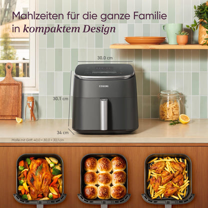 Cosori Turboblaze Airfryer Heißluftfritteuse, 9-in-1 Air Fryer XXL 6L, leiser DC Motor mit 5 Geschwindigkeitsstufen, Grillen, Backen, Gären, Dehydrieren, Tiefkühlen, 87 Rezepte, 64% energiesparend