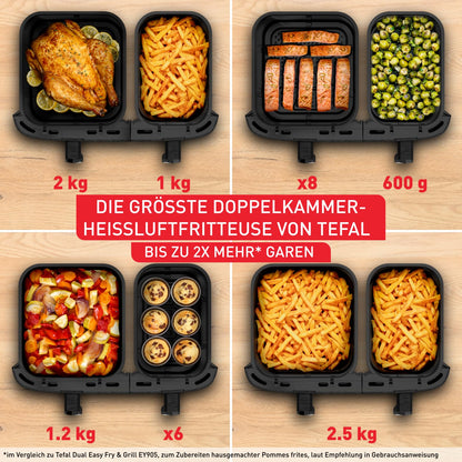 Tefal Dual Easy Fry XXL Doppelkammer-Heißluftfritteuse, 11 Liter Fassungsvermögen, 6,5 L Schublade und 4,5 L Schublade, ohne zusätzliches Fett, 7 Programme, spülmaschinengeeignet, grau, EY942BE0